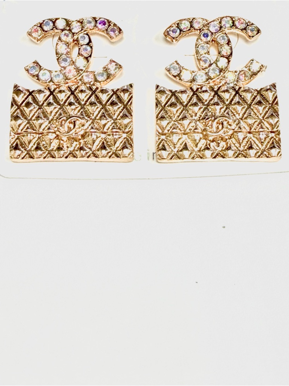 Gold Quilted Crystal Logo Drop Earrings - Iridescent crystals